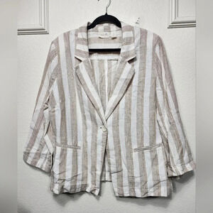 Chico's Linen Blend Striped One Button Shoulder Padded Blazer Large Career